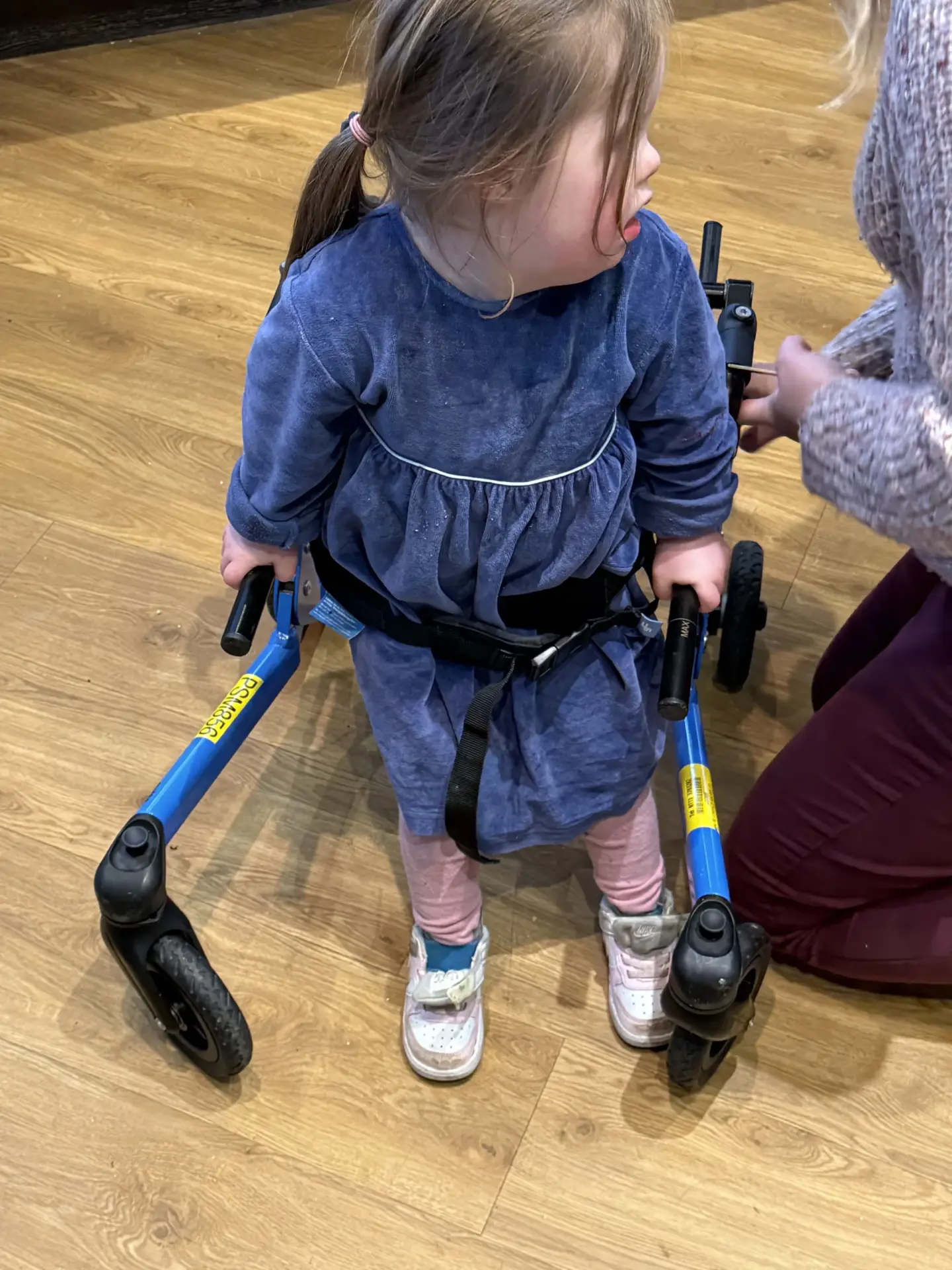 Four-year-old girl with Down syndrome standing on a wooden floor using a small blue walking frame, gripping the black handles while an adult kneels beside her adjusting the support strap at her waist. She looks to the side as she balances on her own two feet, representing an important developmental milestone in her journey of down syndrome milestones and highlighting the steady progress children with Down syndrome make with mobility and independence.